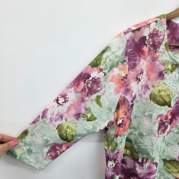 Womens Knit Top XL Floral Embellished 3/4 Sleeve V-Neck Boho Fairy Whimsical - Picture 5 of 12